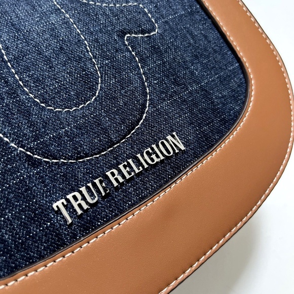 NWT TRUE RELIGION Saddle Flap Denim Crossbody Bag Stitched Horseshoe Logo Brown - Picture 3 of 9